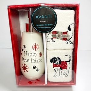 Avanti Happy Pawlidays Dog Theme Winter Soap Dispenser Towel 3 Piece Set NEW